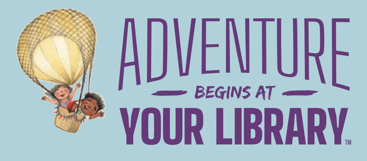 Two children in a balloon, adventure begins at your library