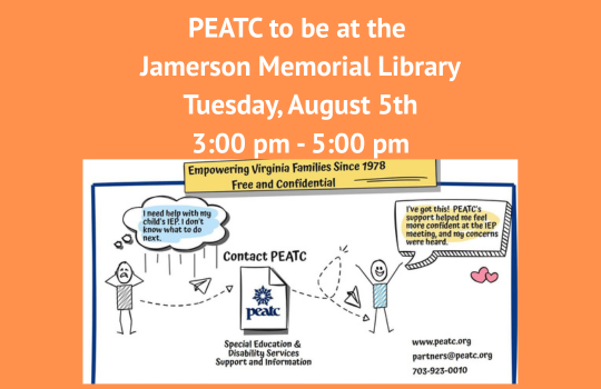 PEATC to be at the Jamerson Memorial Library Tuesday, August 5th 3:00 PM - 5:00 PM