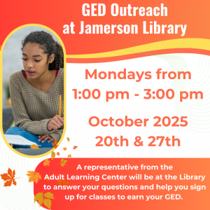 GED Outreach @ the J. Robert Jamerson Memorial Library. From 1:00 pm – 3:00 pm. Doriane Mills from the Adult Learning Center will be at the Library to answer your questions and help you sign up for classes to earn your GED.
