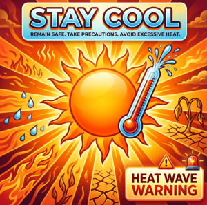 Stay Cool: remain safe, take precautions, avoid excessive heat. Heat Wave Warning