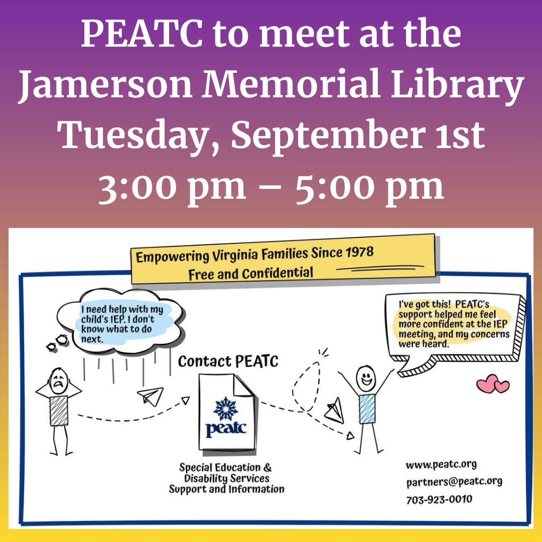 PEATC to meet at the Jamerson Memorial Library, Tuesday, Sept. 1st 3:00 pm - 5:00 pm