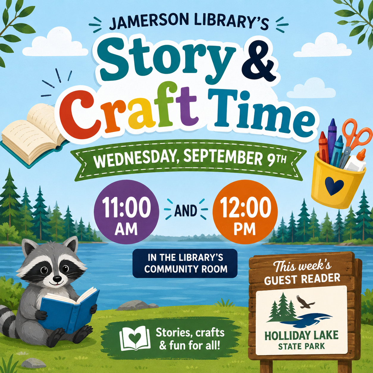 Story and Craft Time Wednesday, September 9th at 11:00 am and 12:00 pm