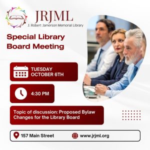 Library Board Special Called Meeting, Tuesday October 6th at 4:00 pm