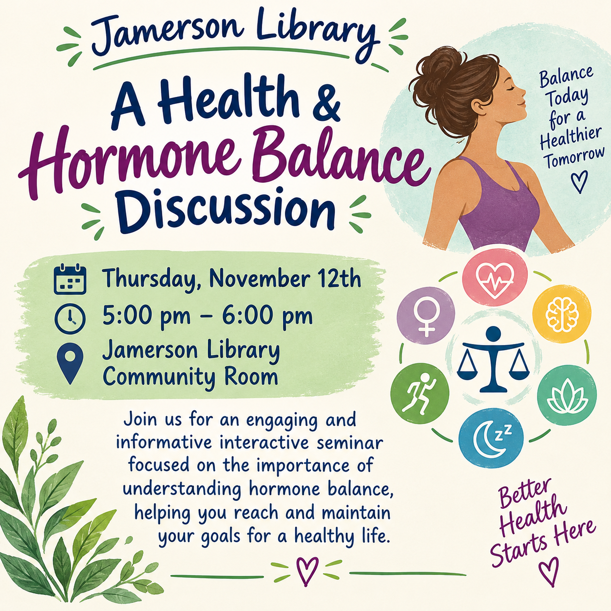 A Health & Hormone Balance Discussion, Thursday, November 12th 5:00 PM Jamerson Library Community Room