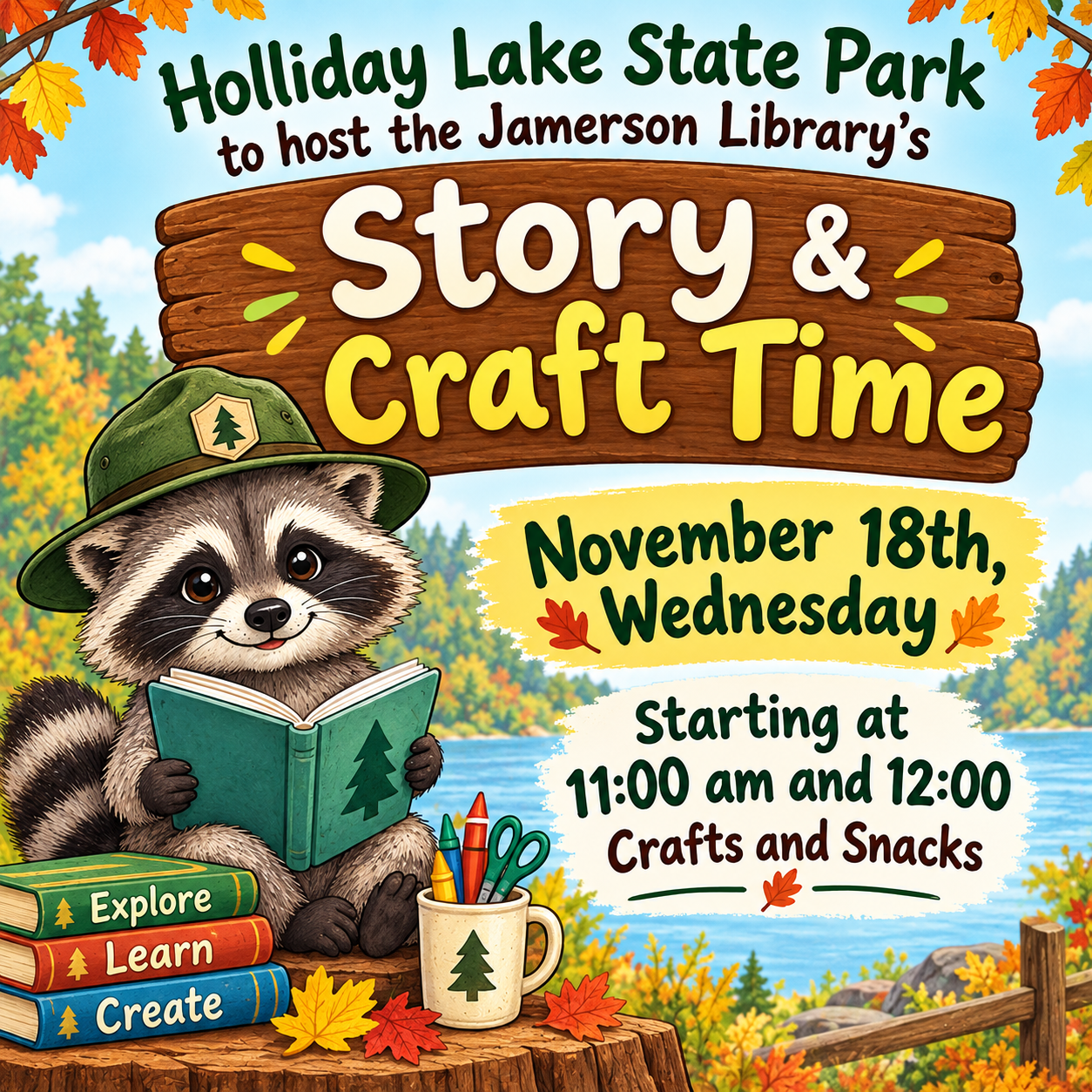 Holliday Lake State Park to Host the Jamerson Library's Story & Craft Time November 18th, 11:00 am & 12:00 pm