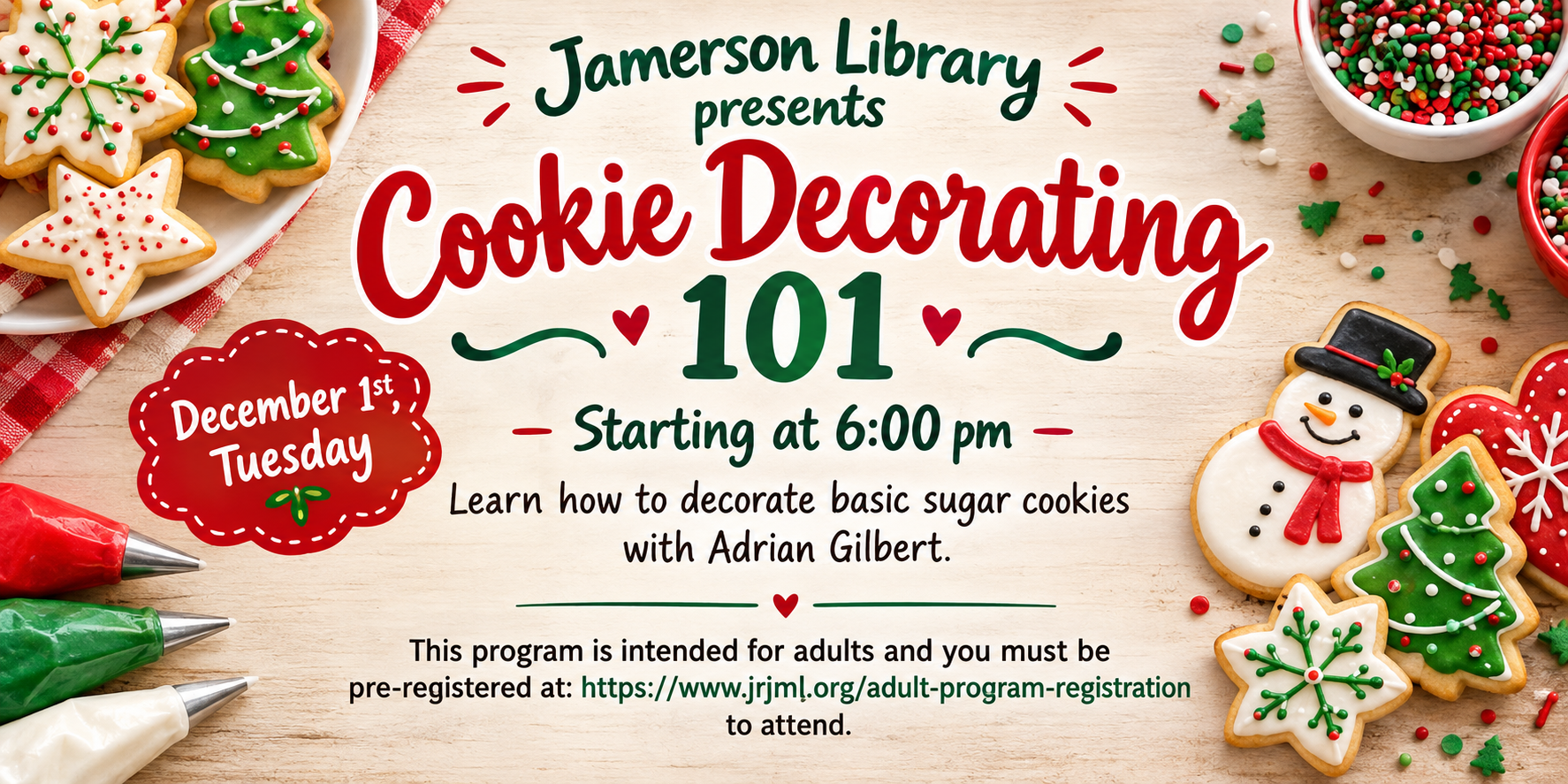 Jamerson Library presents Cookie Decorating 101, Tuesday, December 1st at 6:00 pm, Pre-registration required